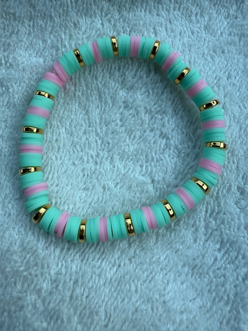 Mint & Pink Beaded Stack Bracelet with Gold Spacers